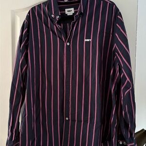 Obey Navy and Pink Button-Up Shirt